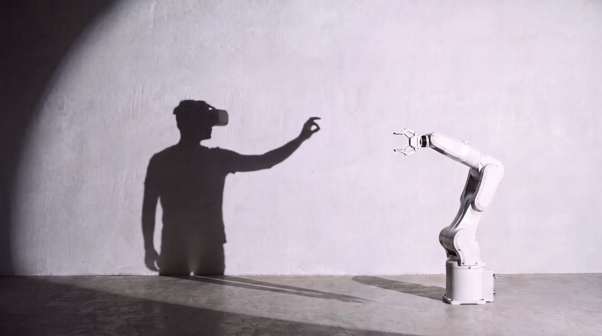 The shadow of a person in a VR headset on a sunlit wall, reaching toward a white robot arm that reaches back.